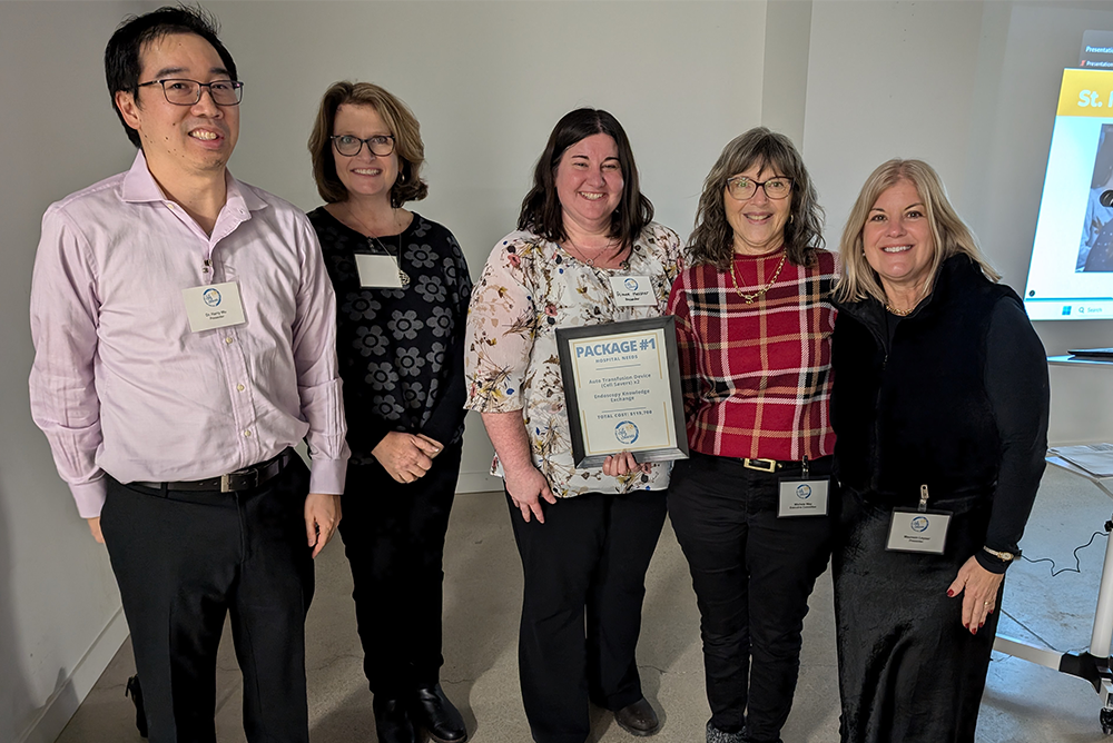 Left to Right: Dr. Harry Wu, Endoscopy lead at St. Mary's and Grand River Hospitals; Kate Durdan, She Shares Executive Committee Member; Aimee Messner, Program Manager of Ambulator Care; Michele Way, She Shares Executive Committee Member; Maureen Leyser, Director of Surgical and Ambulatory Care